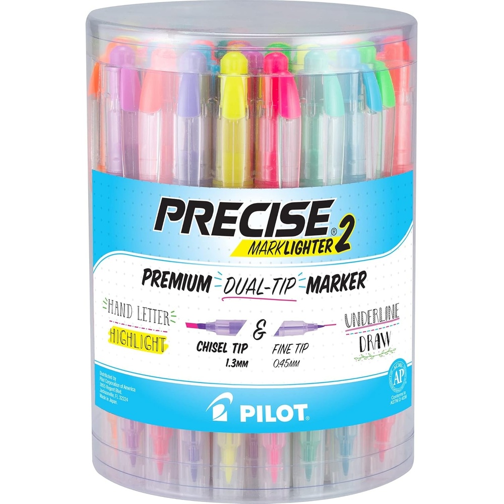image:imagePilot Precise Marklighter2 Dual Tip Highlighters Broad Chisel and ExtraFine Bullet Point Tips Assorted Colors Pack of 1036Pack