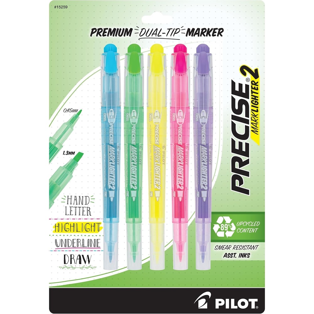 image:imagePilot Precise Marklighter2 Dual Tip Highlighters Broad Chisel and ExtraFine Bullet Point Tips Assorted Colors Pack of 105Pack