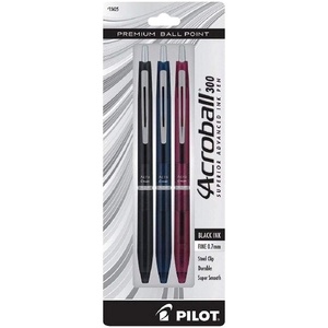 image:imagePILOT Acroball 300 Premium Refillable amp Retractable Ball Point Pen Assorted Color Barrels Fine Point Black Ink 3Pack 13625