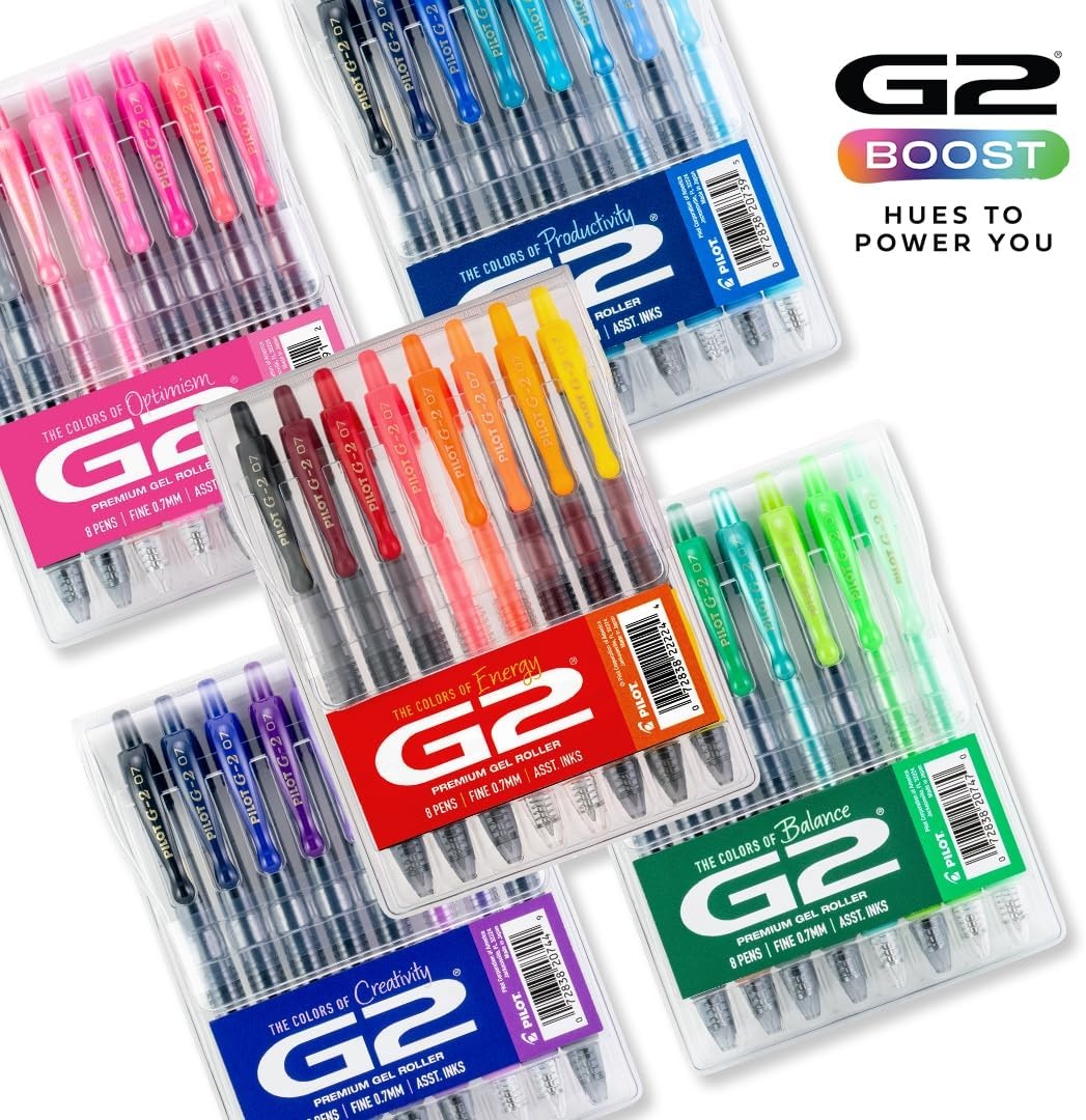 image:imagePilot G2 Premium Gel Roller Pens G2 Boost Red Pens Pack The Colors of Energy 8 Pack Pouch Fine Point 07 mm AssortedAssorted Blue